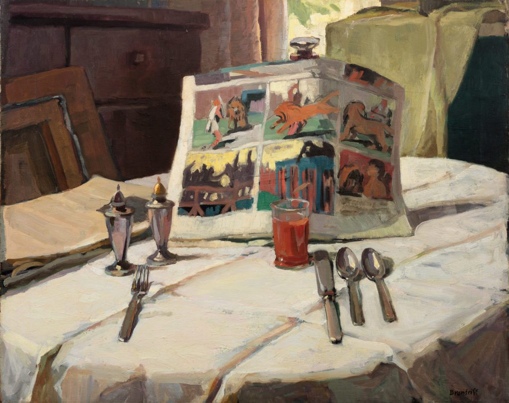 a painting of a breakfast table with the newspaper open to the comics section