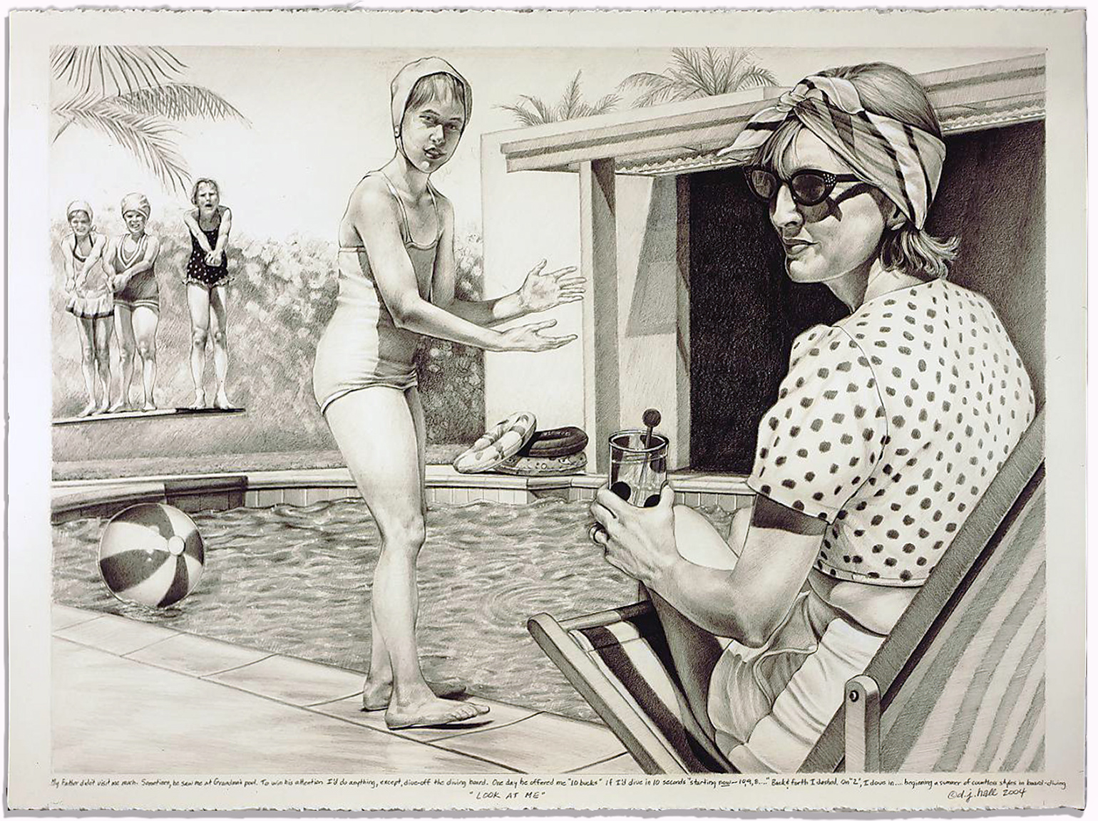 a realistic graphite drawing of a pool scene