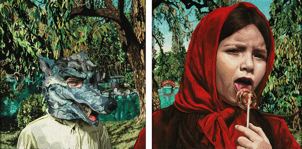 Stylized paintings of Little Red Riding Hood and the big bad wolf