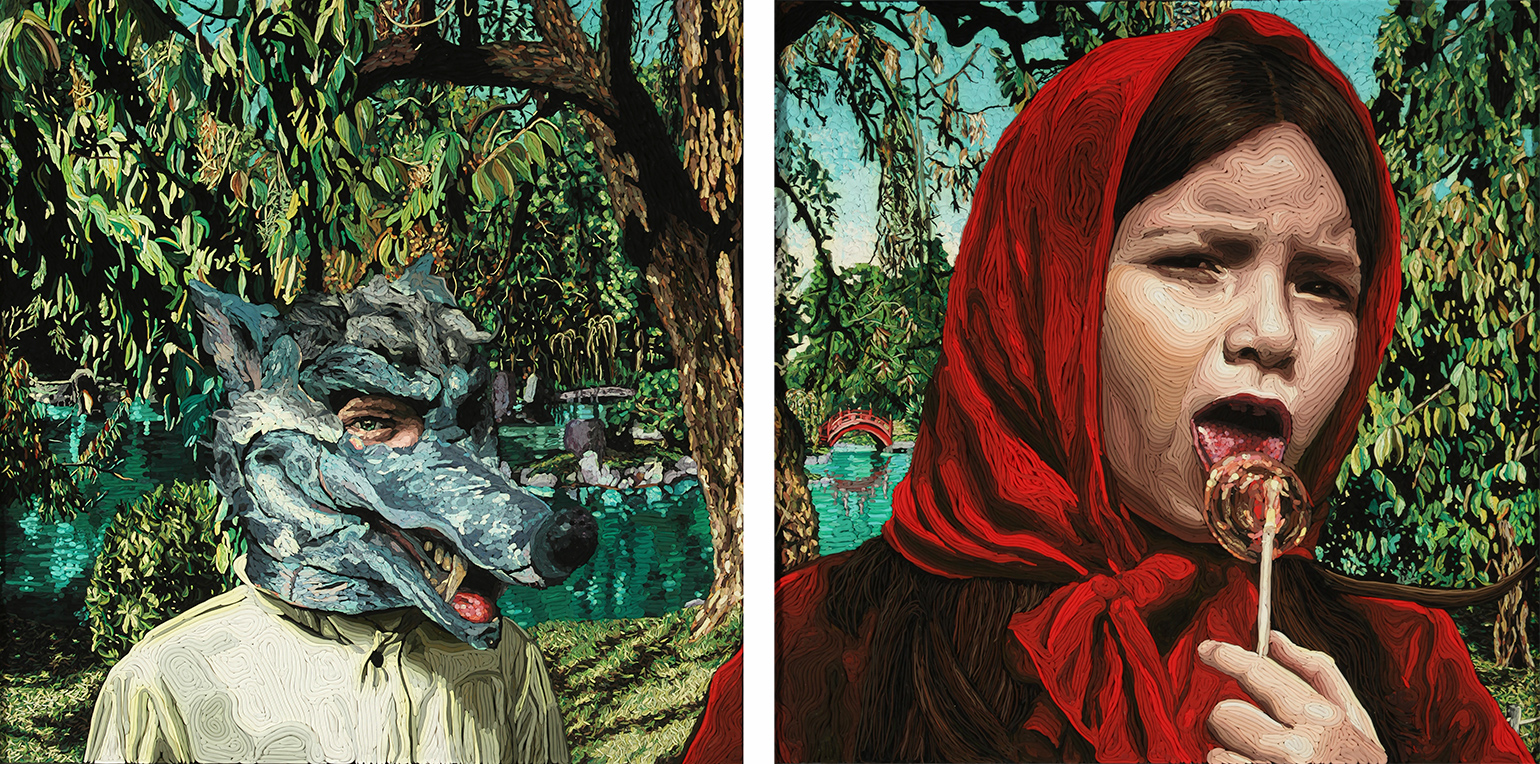 Stylized paintings of Little Red Riding Hood and the big bad wolf