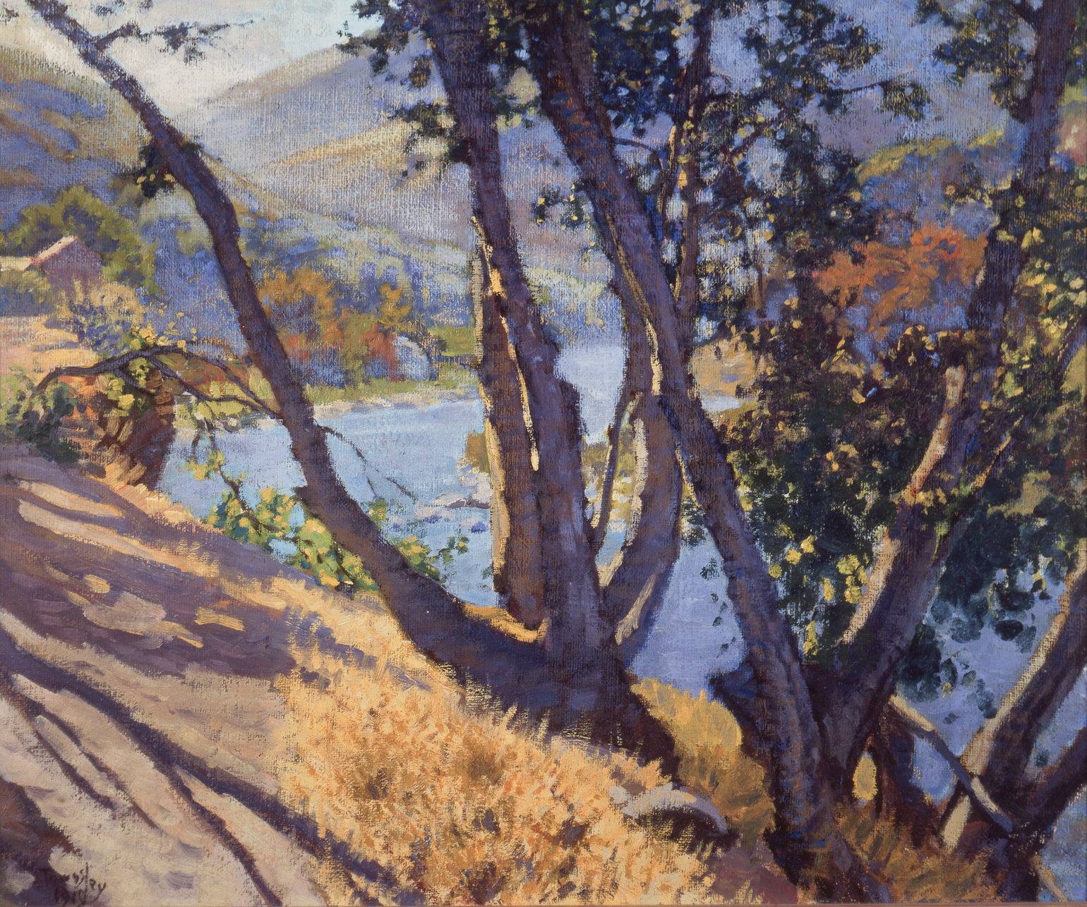 A painting of trees by a creek