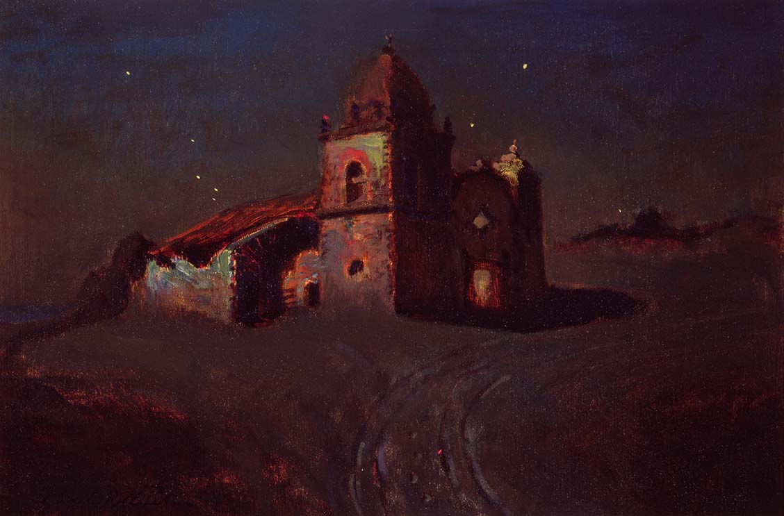 painting of a mission at night