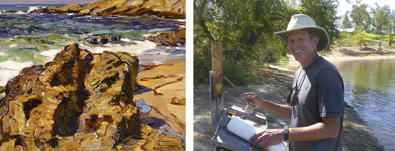 (L) George Gardner Symons, <em>Heisler Cove</em>, circa 1916, Oil on panel, 17 x 21 in. The Buck Collection at UCI Institute and Museum of California Art; (R) Rick J. Delanty. Courtesy of Rick J. Delanty