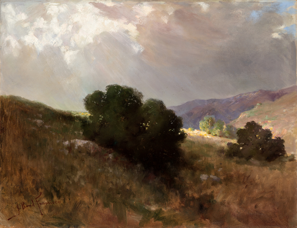 landscape painting of two oak trees on a hill with sunlight streaming through clouds