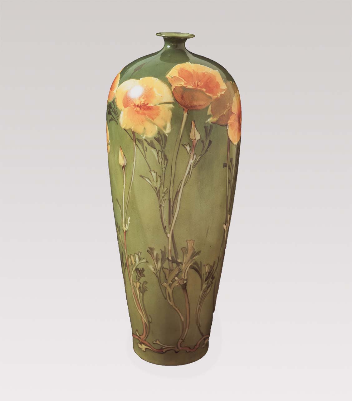 a slender green vase with golden poppies
