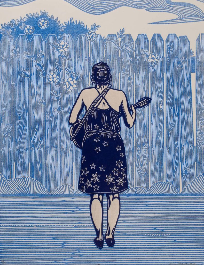 A screenprint of a woman playing a jarocho