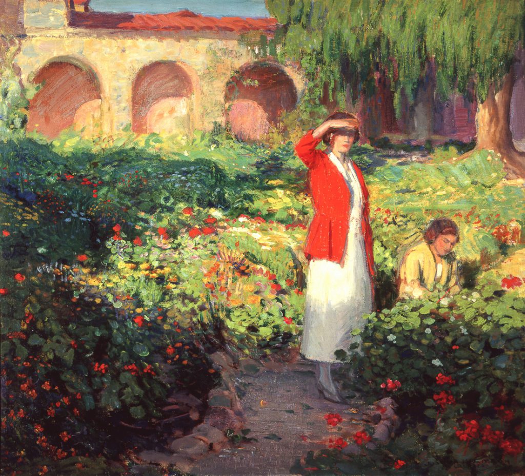 A painting of a woman in a rose garden with a red jacket on.