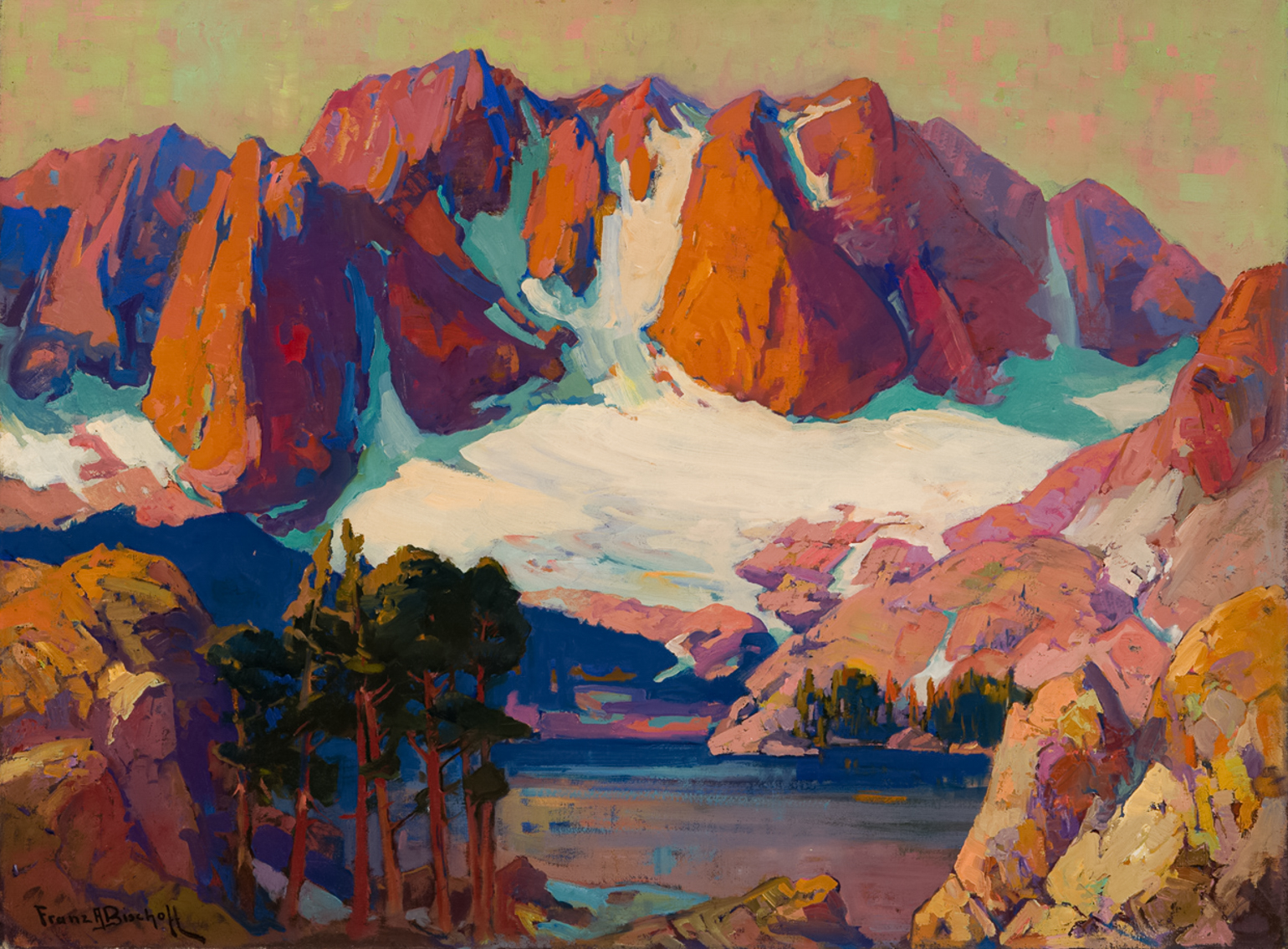 painting of snowy mountains with a body of water below