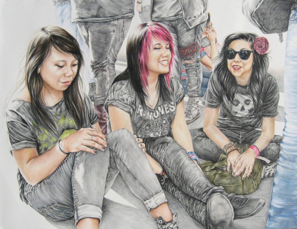 colored pencil drawing of three female figures wearing concert t-shirts and jeans, sitting on the ground together