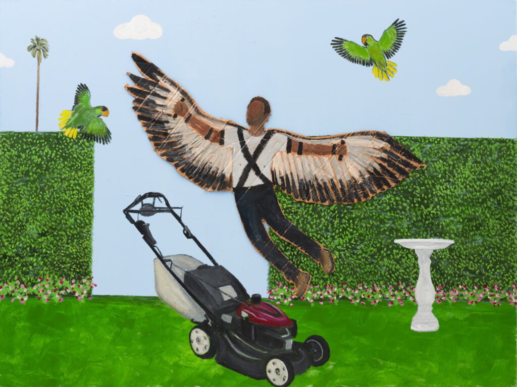 multi-dimensional artwork featuring a human wearing painted wings, accompanied by two green parrots, flying over a lawnmower and bird bath