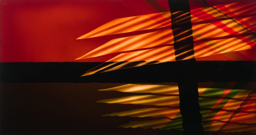 Abstract artwork with red and black horizontal bands punctuated with diagonal streaks of orange, yellow and green