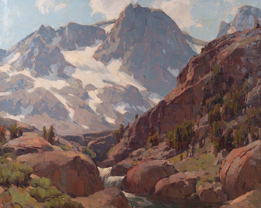 painting with rocks and a river in the foreground and snowy mountain range in the background