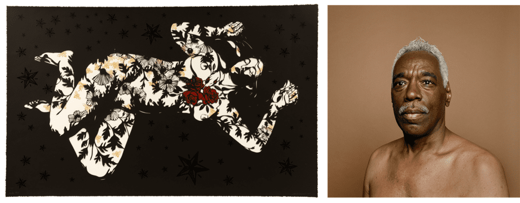 (L) reclining nude figure covered in illustrations of flowers and insects against a dark background (R) portrait of African American man with silver hair and moustache