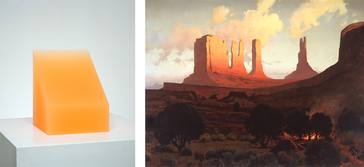 (L) orange cube sliced at an angle (R) desert landscape with sun setting on mountain peaks