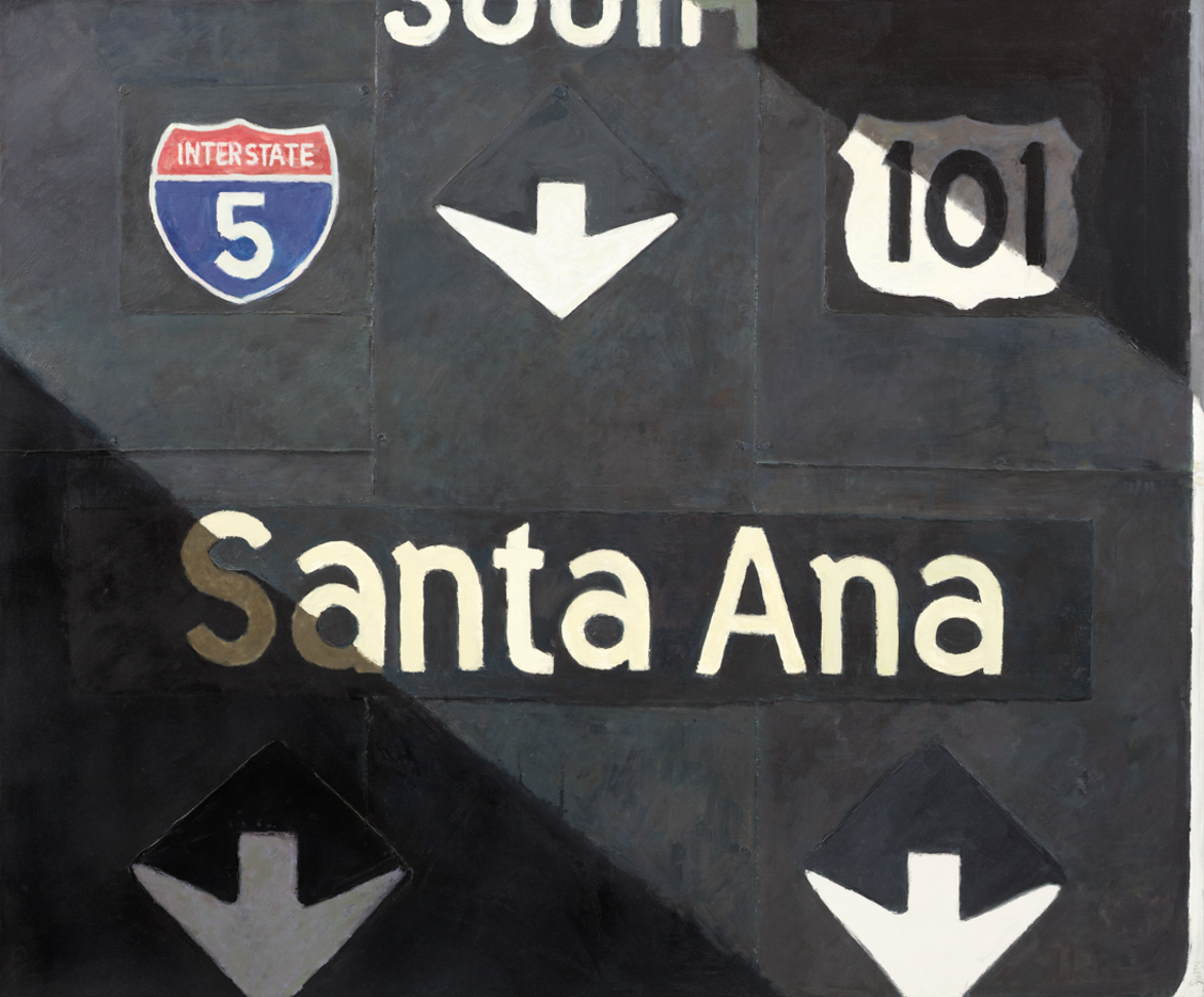 painting of a freeway sign with symbols for Interstate 5 and Highway 101, and the words South and Santa Ana and three white arrows pointing down on a black background