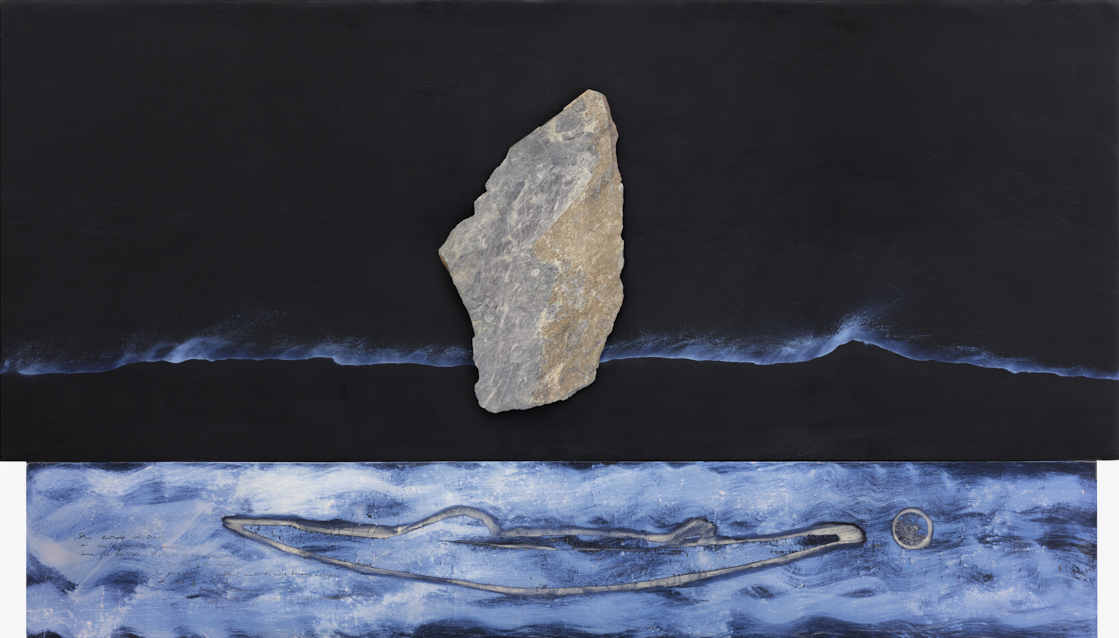 Lita Albuquerque, <em>She Began to Perceive an Edge</em>, 1989, Oil, iridescent powder and slate on plastered silk, 50 x 88 x 3 in. The Buck Collection at UCI Jack and Shanaz Langson Institute and Museum of California Art