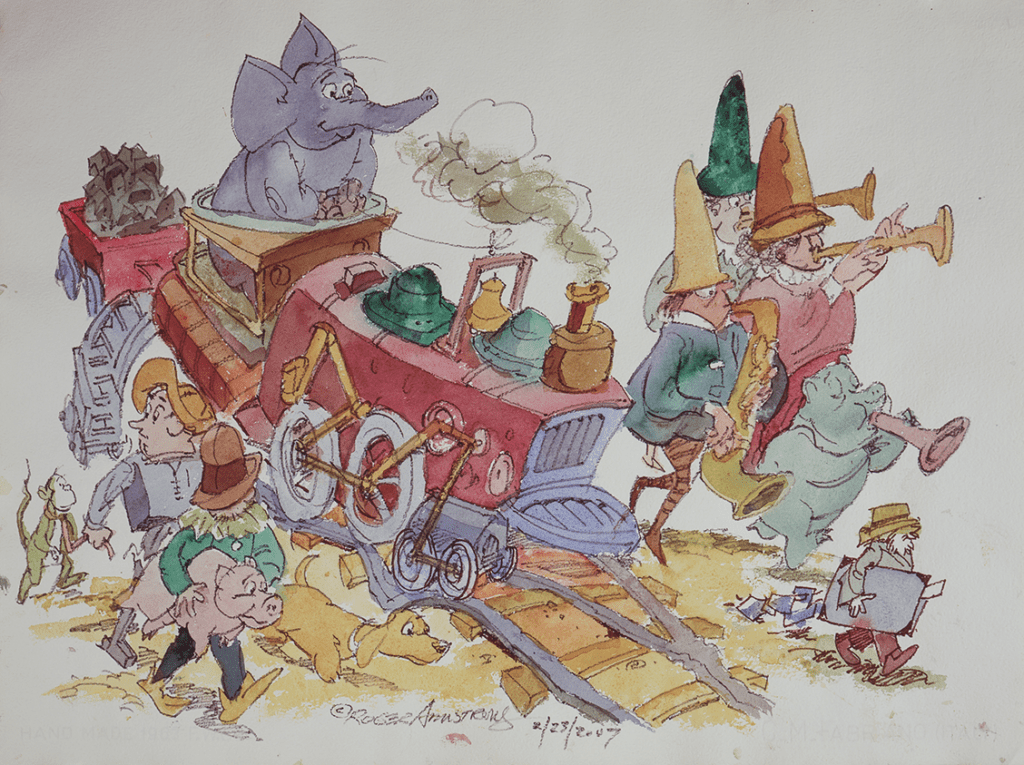 colorful figures and animals, drawn in cartoon style, playing instruments and marching playfully alongside a train