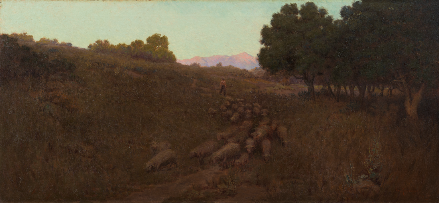 Granville Redmond, <em>Evening</em>, 1903, Oil on canvas, 32 x 70 in. UCI Jack and Shanaz Langson Institute and Museum of California Art, Gift of The Irvine Museum
