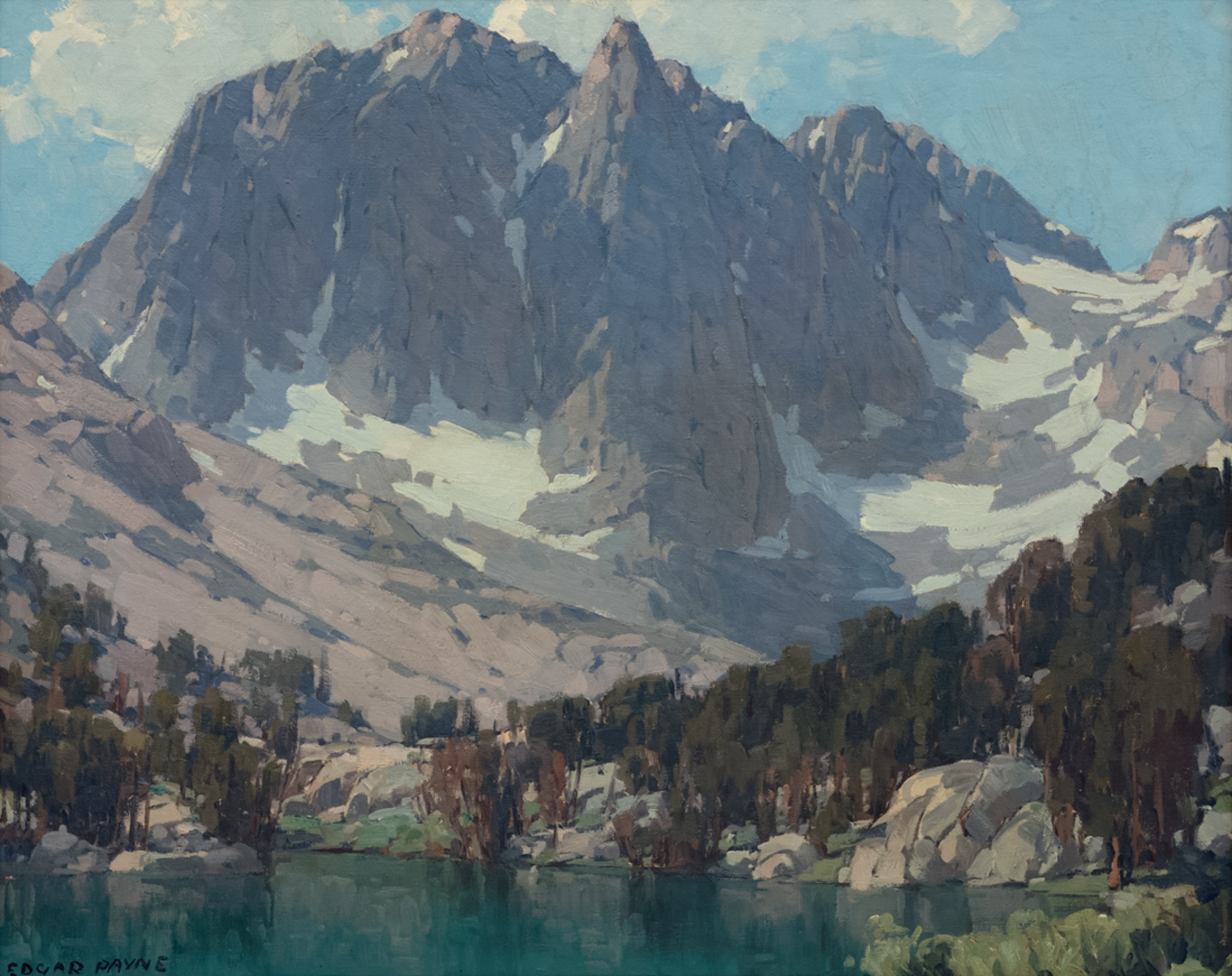 painting with snowy mountains in background and a body of water surrounded by rocks and trees in the foreground