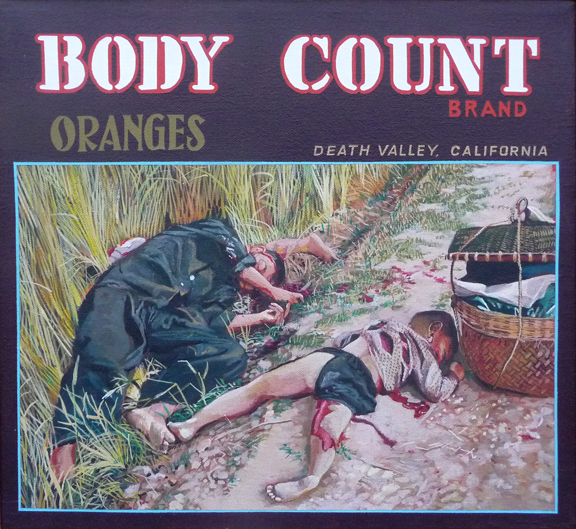 Ben Sakoguchi, <em>Body Count Brand</em>, 1978 – 1979, Acrylic on canvas, 10 x 11 in. The Buck Collection at UCI Institute and Museum of California Art