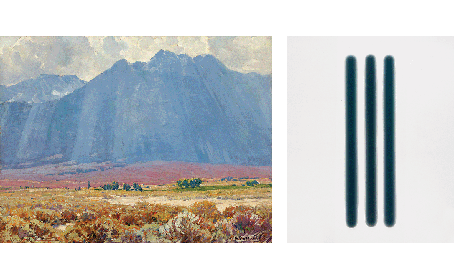 (L)Hanson Duvall Puthuff, Mystical Hills, circa 1922, Oil on canvas, 26 x 34 in. UC Irvine Institute and Museum of California Art, Gift of The Irvine Museum (R) Peter Alexander, Blue Black Bar Triptych (12/5,8,12/14), 2014, Urethane, 77 x 24 x 1 in. Lent from The Estate of Peter Alexander, © The Estate of Peter Alexander