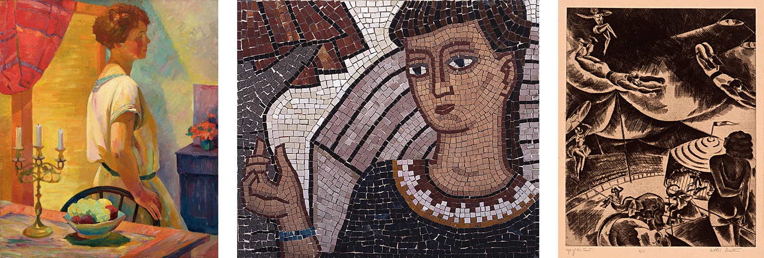 (L) Margaret Bruton, <em>Helen at Sargent House Studio</em>, circa 1920, Oil on canvas, 40 x 34 in. The Buck Collection at UCI Institute and Museum of California Art (C) Helen Bruton, <em>Woman with Turquoise Bracelet</em>, 1943, Cut ceramic mosaic tiles and cement, 24 x 28 x 1 in. The Buck Collection at UCI Institute and Museum of California Art (R) Esther Bruton, <em>Top of the Tent</em>, 1930, Etching, 17 x 14 in. Edition 2/18. The Buck Collection at UCI Institute and Museum of California Art