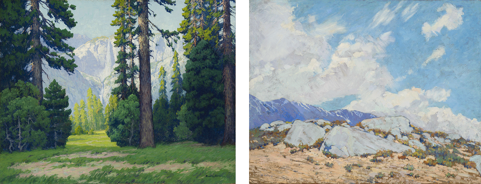 (L) Maurice Braun, <em>Yosemite Falls from the Valley</em>, 1918, Oil on canvas, 36 x 46 in. UCI Jack and Shanaz Langson Institute and Museum of California Art, Gift of The Irvine Museum; (R) Alson Skinner Clark, <em>California Mountains</em>, 1921, Oil on canvas, 36 x 45 in. UCI Jack and Shanaz Langson Institute and Museum of California Art, Gift of The Irvine Museum