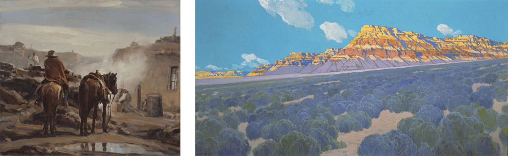 Carl Oscar Borg, In Walpi, Arizona, circa 1934, Oil on canvas, 26 x 30 in. The Buck Collection at UCI Jack and Shanaz Langson Institute and Museum of California Art; Fernand Lungren, Bastions of the Painted Desert, circa 1910, Oil on canvas, 20 x 40 in. Laguna Art Museum Collection, 2010.002.001, Gift of Nancy Dustin Wall Moure