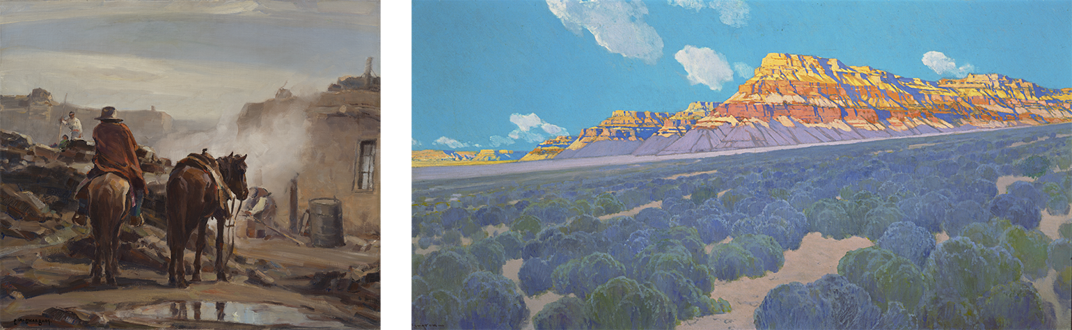 Carl Oscar Borg, <em>In Walpi, Arizona</em>, circa 1934, Oil on canvas, 26 x 30 in. The Buck Collection at UCI Jack and Shanaz Langson Institute and Museum of California Art; Fernand Lungren, <em>Bastions of the Painted Desert</em>, circa 1910, Oil on canvas, 20 x 40 in. Laguna Art Museum Collection, 2010.002.001, Gift of Nancy Dustin Wall Moure