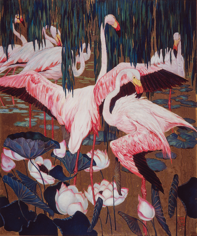 Jessie Arms Botke, <em>Untitled Flamingos</em>, 1926, Oil on canvas mounted on board, 40 x 34 in. UCI Jack and Shanaz Langson Institute and Museum of California Art, Gift of The Irvine Museum