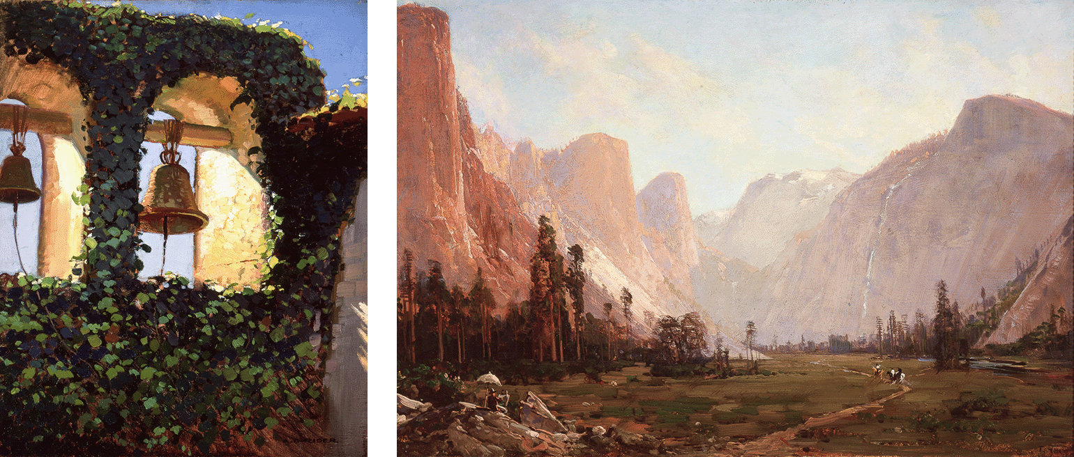 (L) Arthur Grover Rider, <em>Mission Bells, San Juan Capistrano </em>, circa 1930, Oil on canvas, 26 x 21 in. UCI Jack and Shanaz Langson Institute and Museum of California Art, Gift of The Irvine Museum; (R) Thomas Hill, <em>Following the Trail, Hetch Hetchy </em>, 1880, Oil on canvas, 20 x 30 in. UCI Jack and Shanaz Langson Institute and Museum of California Art, Gift of The Irvine Museum