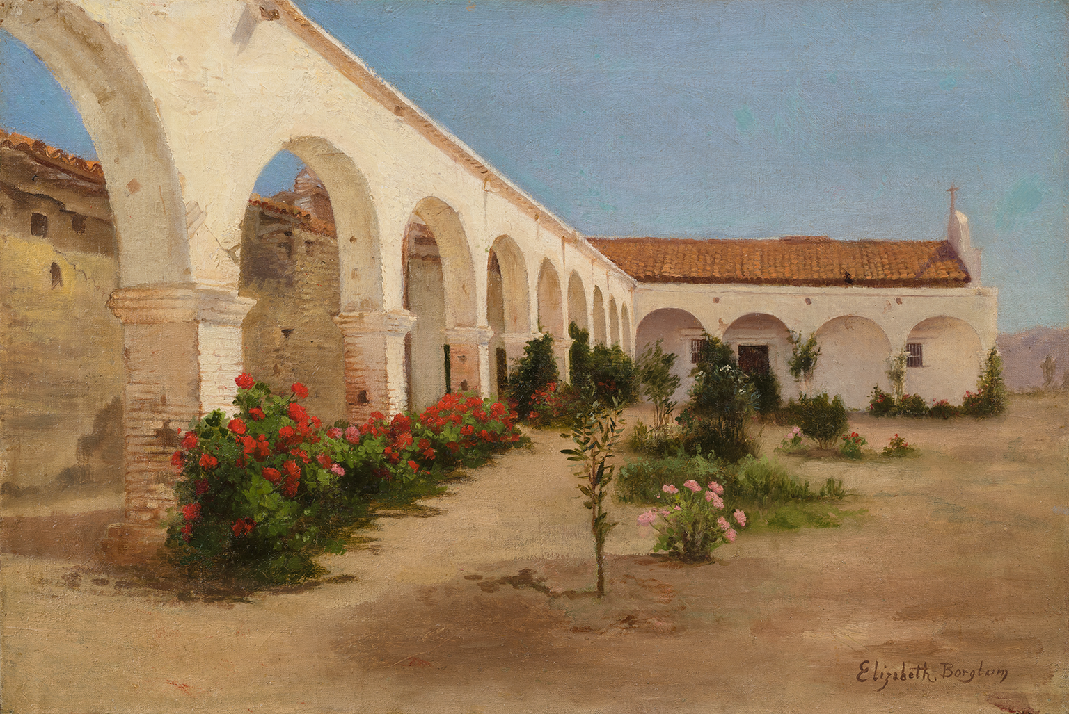 Elizabeth Jaynes Borglum, Facade of Mission San Juan Capistrano, circa 1895, Oil on canvas, 15 x 22 in. UCI Jack and Shanaz Langson Institute and Museum of California Art, Gift of The Irvine Museum
