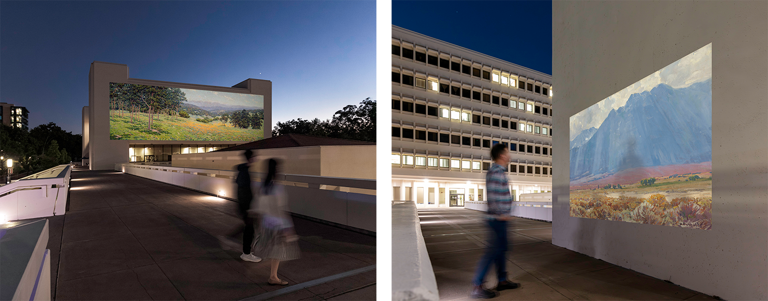 Renderings of <em>Plein-Air en Plein Air</em> projection mapping installation onto the UCI Social Science Tower (Albert C. Martin & Associates, 1971) featuring projected images of (L) Granville Redmond, <em>California Landscape with Flowers</em>, circa 1931, Oil on canvas, 32 x 80 in., UCI Jack and Shanaz Langson Institute and Museum of California Art, Gift of The Irvine Museum; and (R) Hanson Duvall Puthuff, <em>Mystical Hills</em>, circa 1922, Oil on canvas, 26 x 34 in., UCI Jack and Shanaz Langson Institute and Museum of California Art, Gift of The Irvine Museum. Courtesy of Jesse Colin Jackson, 2024.