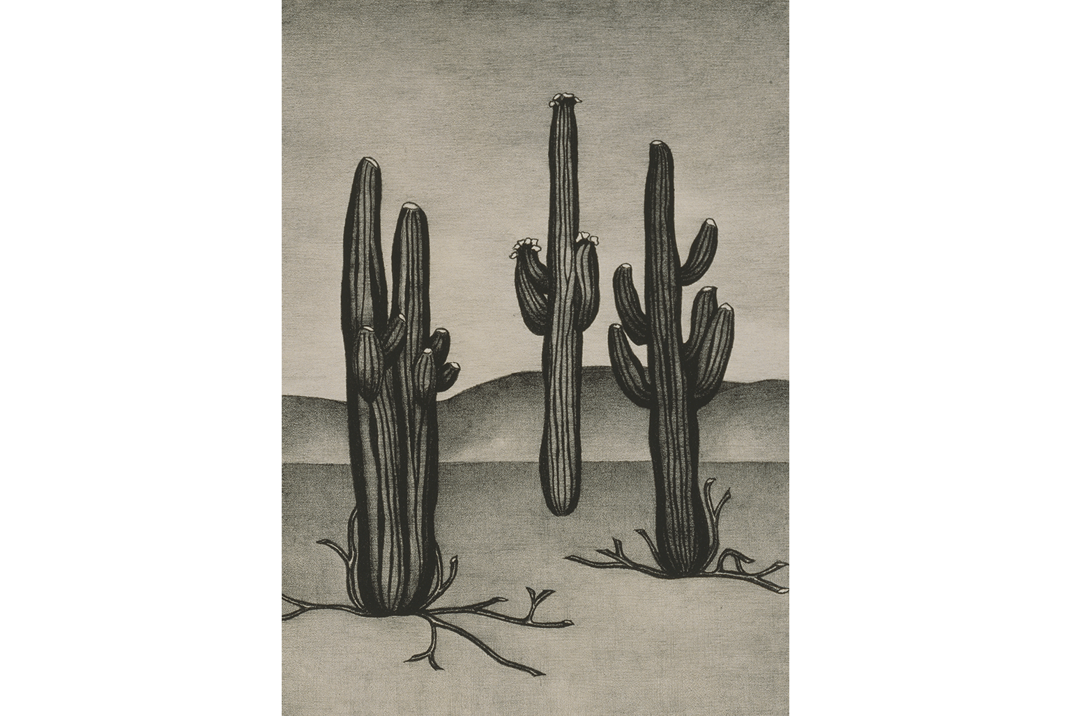Henrietta Shore, Sentinels, 1927-1928, Lithograph, 13 x 10 in. The Buck Collection at UCI Jack and Shanaz Langson Institute and Museum of California Art.