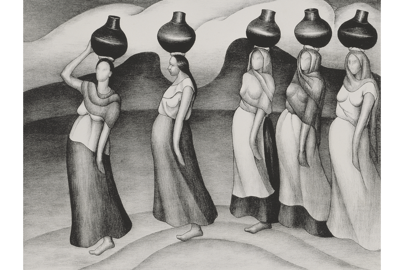 Henrietta Shore, Women of Oaxaca, 1927-1928, Lithograph, 19 x 24 in. The Buck Collection at UCI Jack and Shanaz Langson Institute and Museum of California Art.