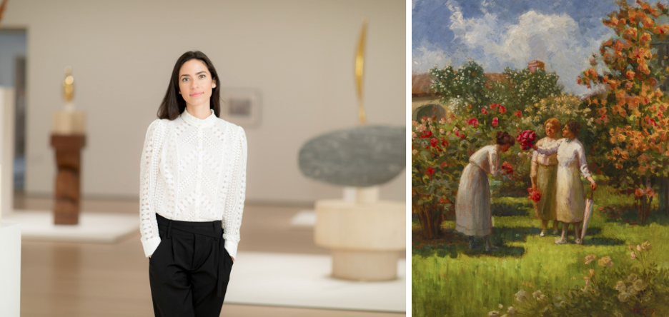 (Left) California Kinship exhibition curator, Michaëla Mohrmann, Ph.D. (Right) William Lees Judson, My Rose Garden, after 1893, Oil on canvas, 18 × 15 in. The Buck Collection at UC Irvine Jack and Shanaz Langson Institute and Museum of California Art