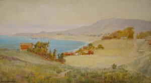 Curtis Chamberlin, The Old Coast Road (Arch Beach Road), after 1917, Oil on board, 19 7/8 x 35 7/8 in. UC Irvine Jack and Shanaz Langson Institute and Museum of California Art. Gift of The Irvine Museum