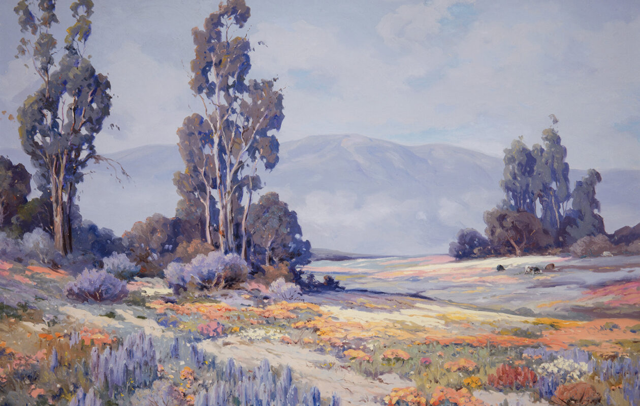 Angel Espoy, Untitled (Poppies, Lupines and Cows), after 1914, Oil on canvas, 30 1/8 x 40 3/8 in. UC Irvine Jack and Shanaz Langson Institute and Museum of California Art. Gift of The Irvine Museum