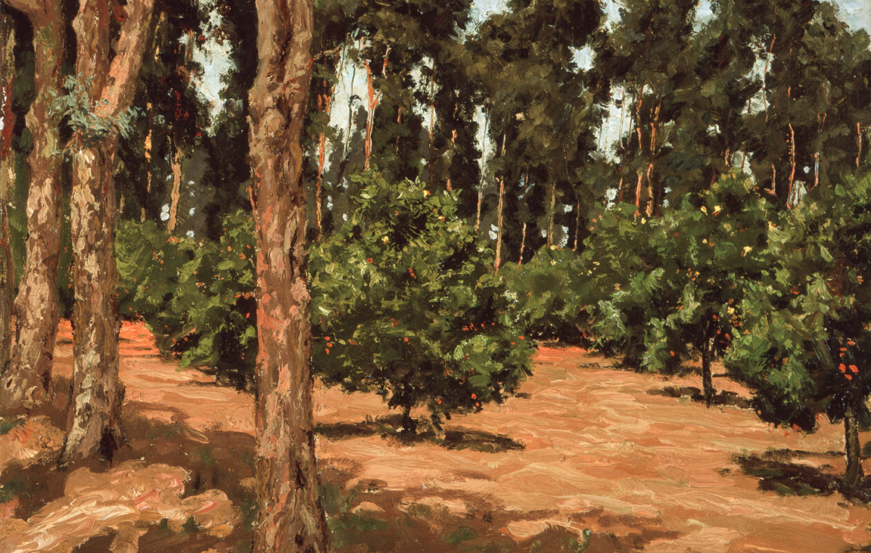 Foster: Ben Foster, Irvine Orange Grove, between 1910 and 1919, Oil on canvas, 18 1/4 x 22 in. UC Irvine Jack and Shanaz Langson Institute and Museum of California Art. Gift of The Irvine Museum