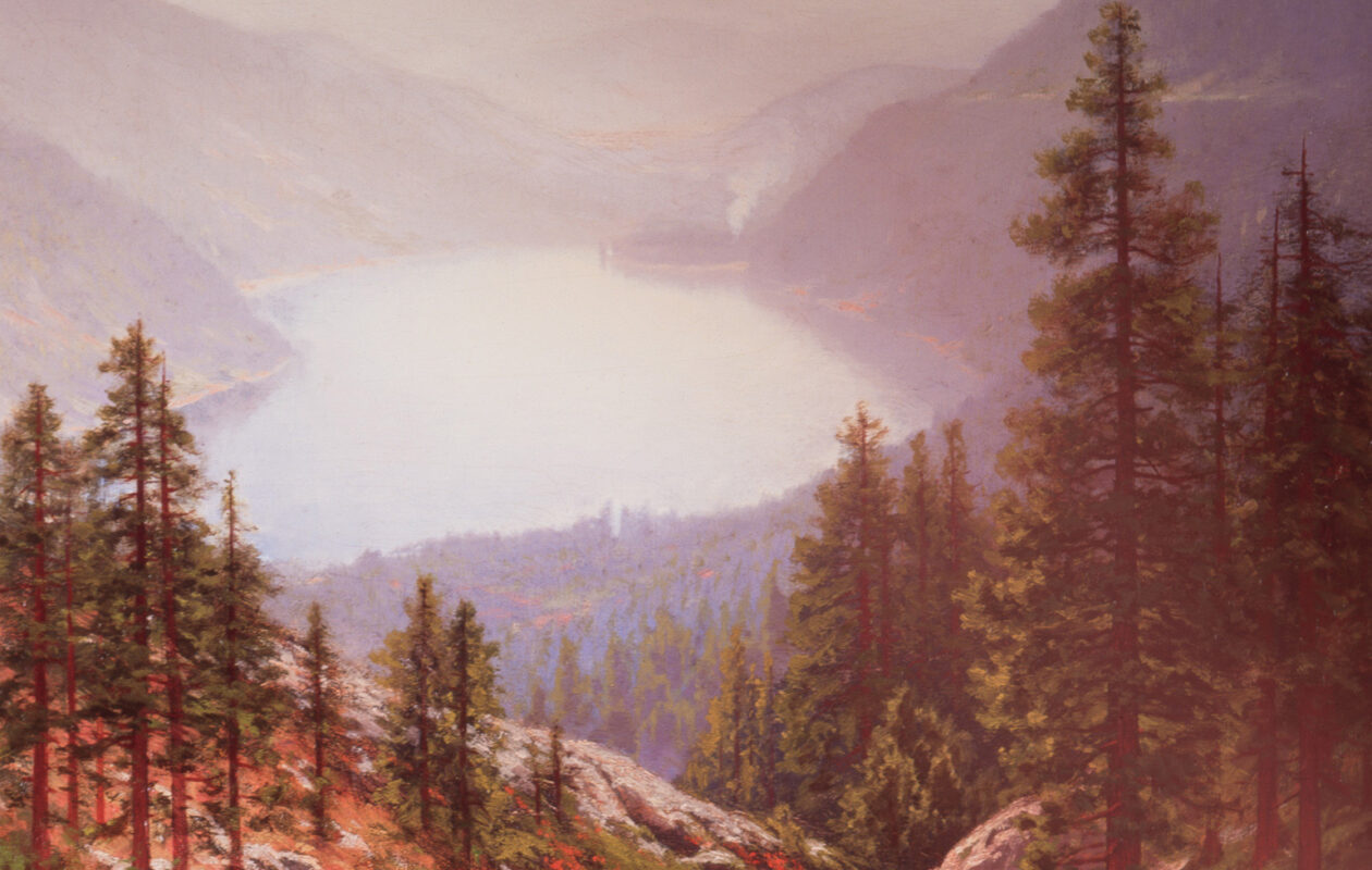 Raymond Dabb Yelland, Donner Lake, 1890, Oil on canvas, 23 x 19 in. UC Irvine Jack and Shanaz Langson Institute and Museum of California Art. Gift of The Irvine Museum