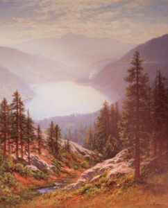 Raymond Dabb Yelland, Donner Lake, 1890, Oil on canvas, 23 x 19 in. UC Irvine Jack and Shanaz Langson Institute and Museum of California Art. Gift of The Irvine Museum