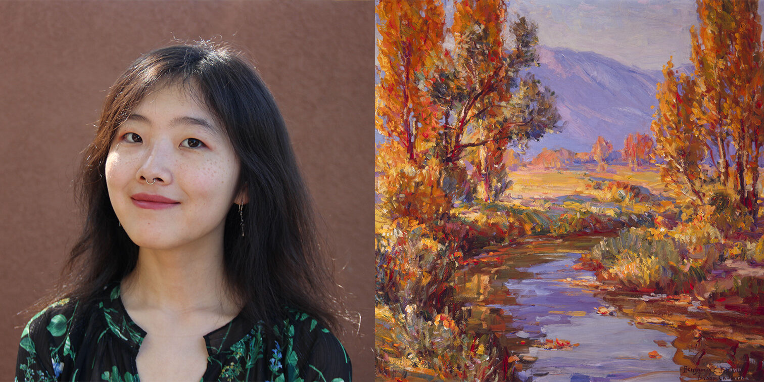 (Left) Dada Wang, photo courtesy of Dada Wang (Right) Benjamin Brown, Autumn Glory, circa 1920, Oil on canvas, 28 x 36 in. UC Irvine Jack and Shanaz Langson Institute and Museum of California Art, Gift of The Irvine Museum